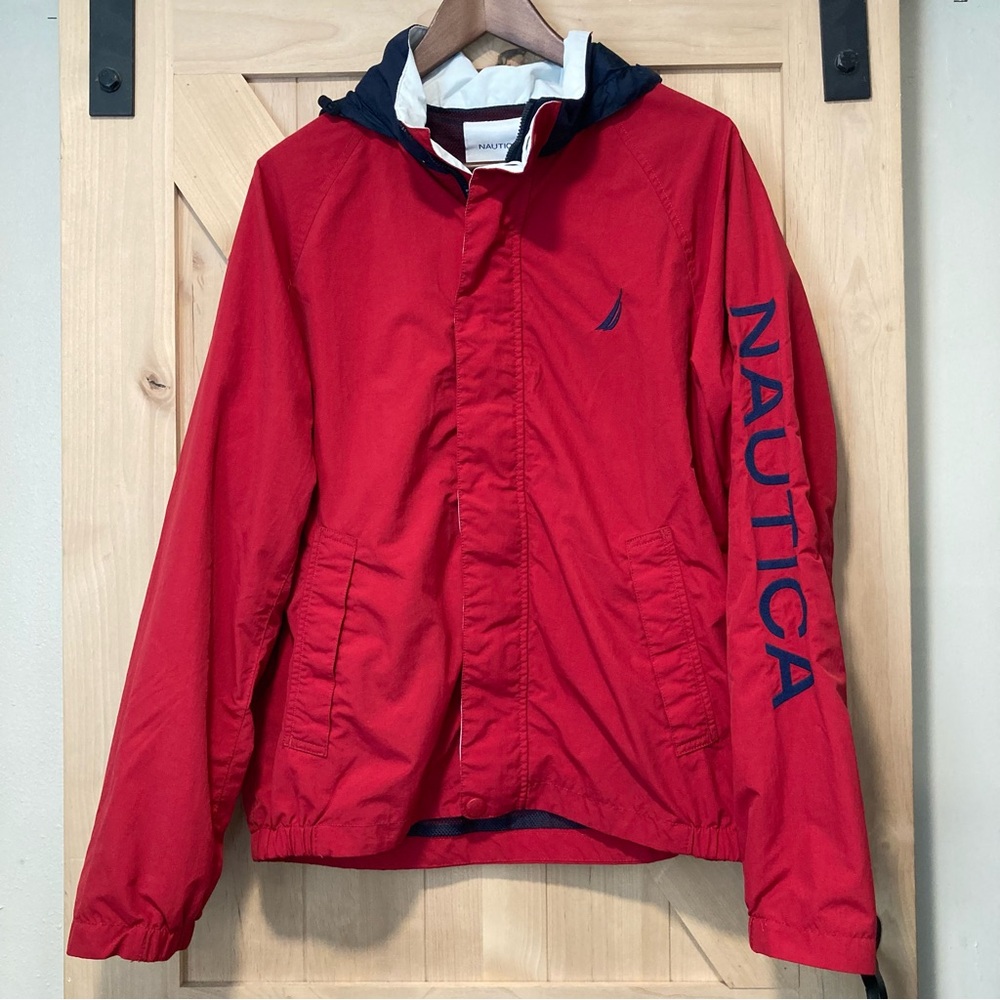 Nautica Red Windbreaker with Navy Details Mens Medium